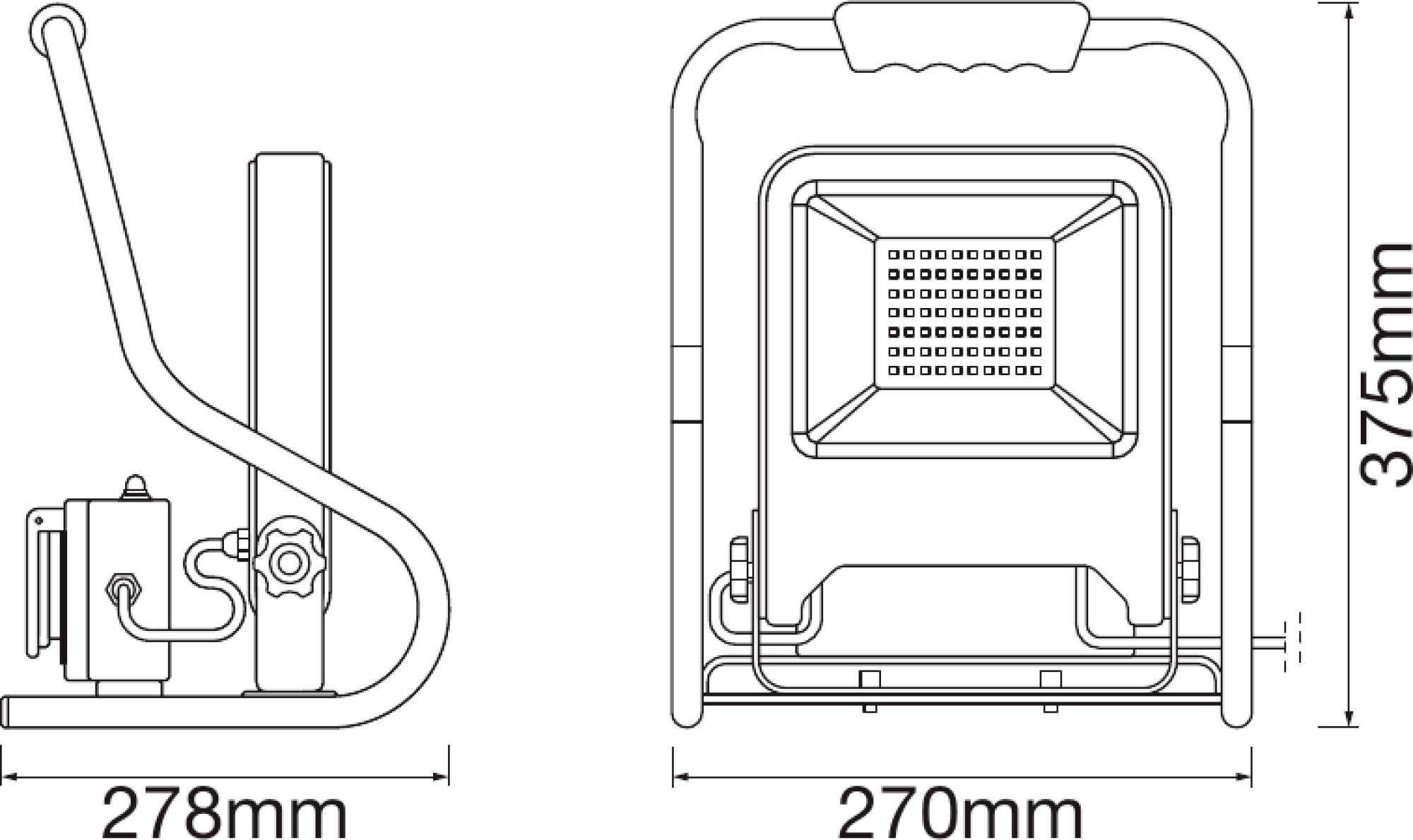Technische Zeichnung eines LED-Baustrahlers mit Seiten- und Vorderansicht, Maße: Breite 270mm, Tiefe 278mm, Höhe 375mm.