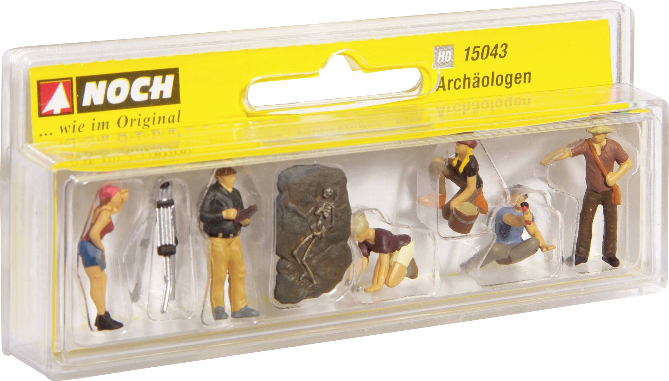 Kleine Figuren-Set von Archäologen bei der Arbeit, mit Werkzeugen und Skelettmodellen in einer durchsichtigen Plastikverpackung.