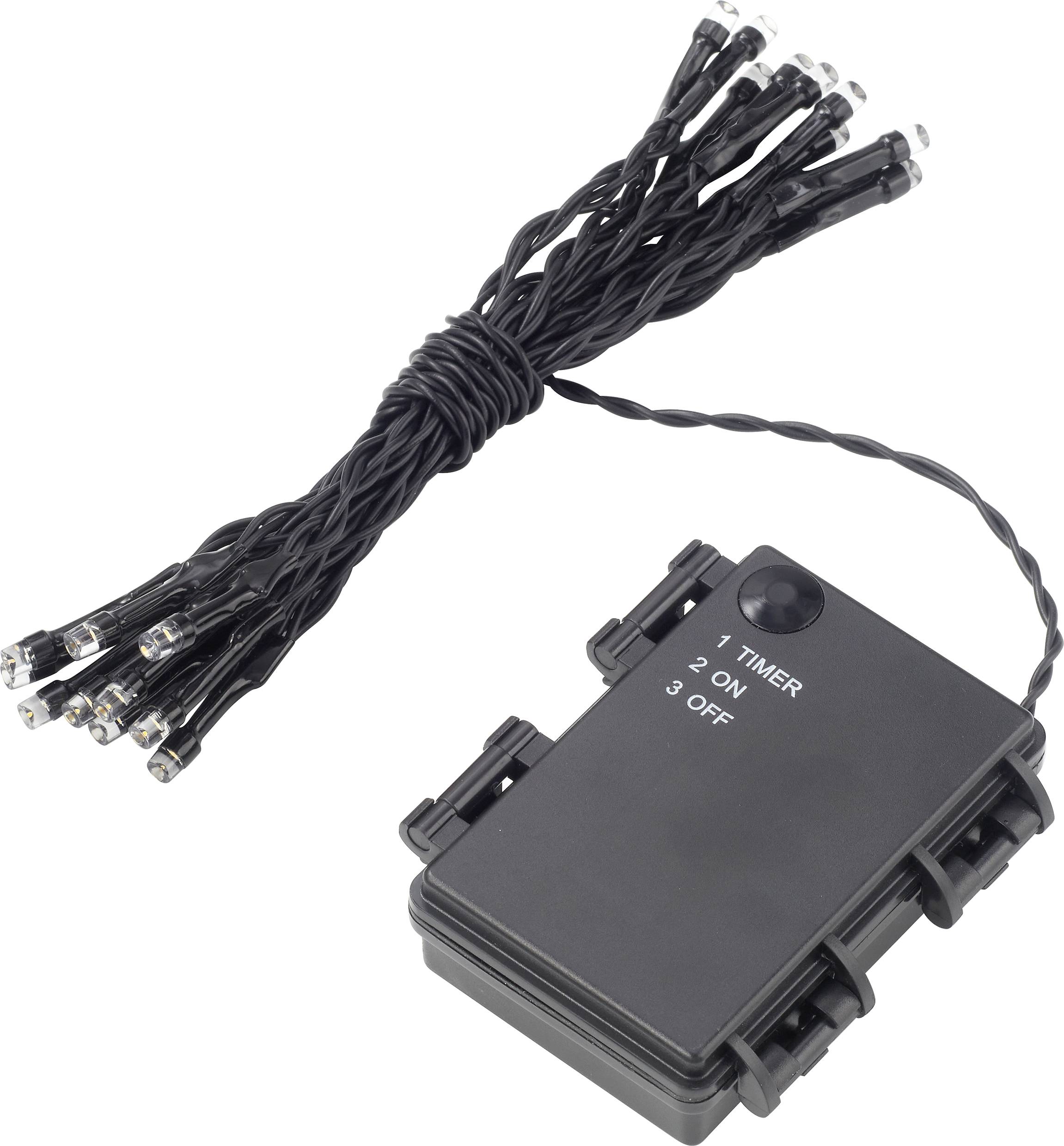 Schwarze Batterienbox mit Timer-Optionen und LED-Lichterkette, verpackt zusammen. Ideal für dekorative Beleuchtung.