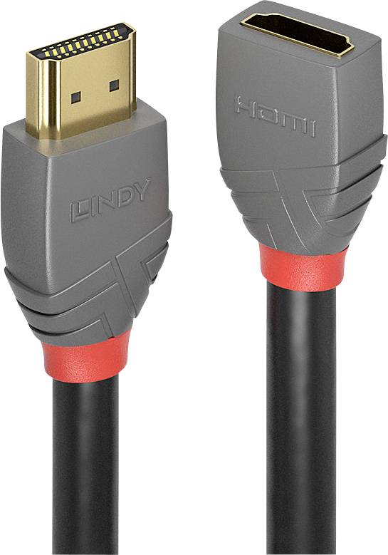 Zwei HDMI-Stecker an einem Kabel, grau mit roten Akzenten.