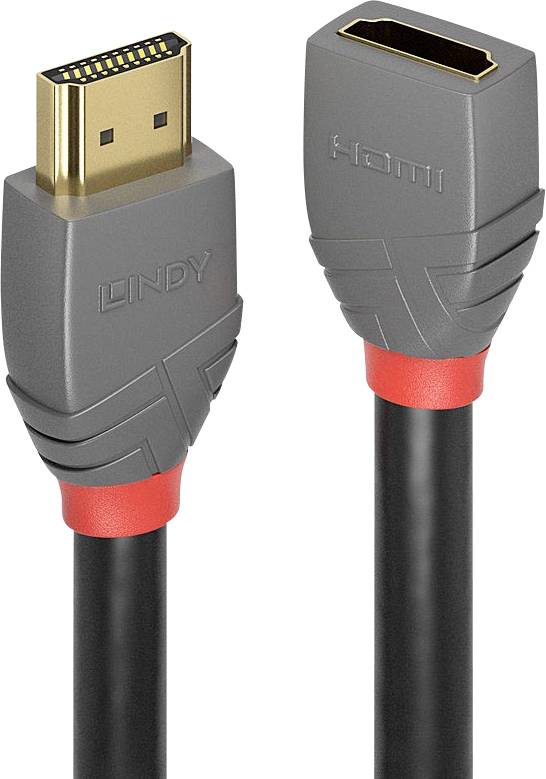 Graues HDMI-Kabel mit rotem Akzent an den Anschlüssen, Markenname auf Stecker sichtbar.