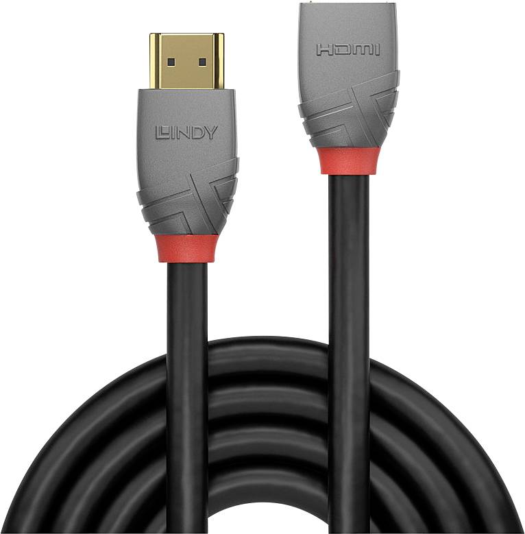 Schwarzes HDMI-Kabel mit goldenen Steckern, einer mit Aufschrift HDMI; Dicke Ummantelung, rote und silberne Steckerkappen.