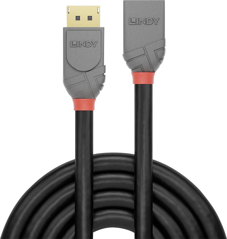 Ein schwarzes DisplayPort-Kabel mit roten Akzenten, geeignet zum Verbinden von Monitoren mit Computern für hochauflösende Videoübertragung.