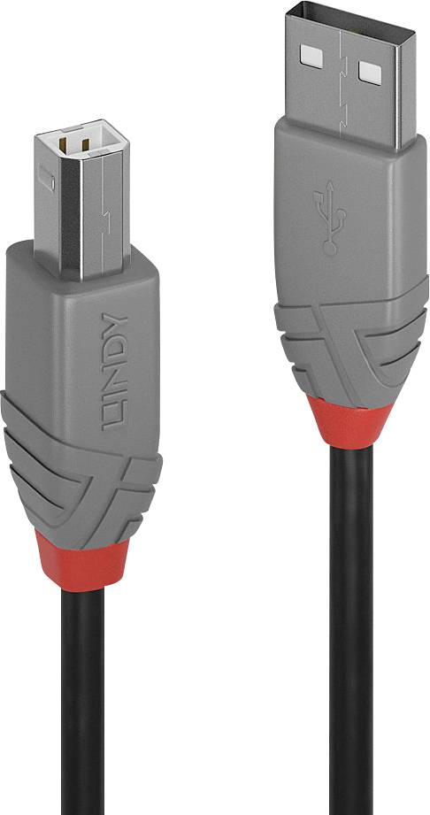 USB-Kabel: Ein Ende hat einen USB-A-Stecker, das andere einen USB-B-Stecker. Graue Kunststoffummantelung mit rotem Detail.