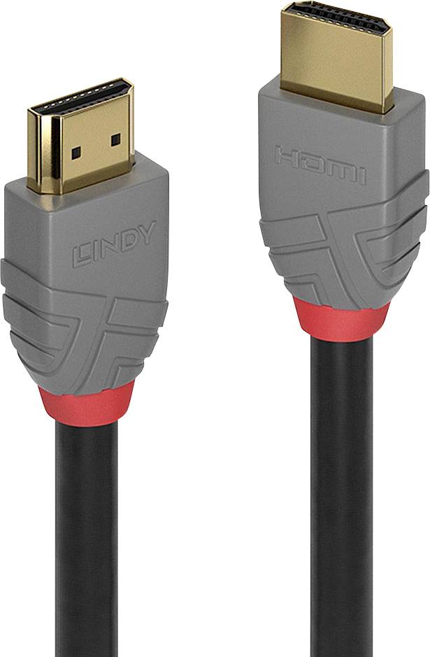 Graues HDMI-Kabel mit roten Markierungen und goldenen Anschlüssen. Ideal für die Verbindung von Multimediageräten.