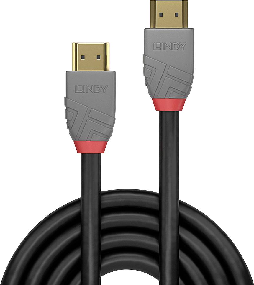 Zwei graue HDMI-Kabel mit roten Akzenten und goldenen Anschlüssen, Marke 'LINDY', vor weißem Hintergrund.