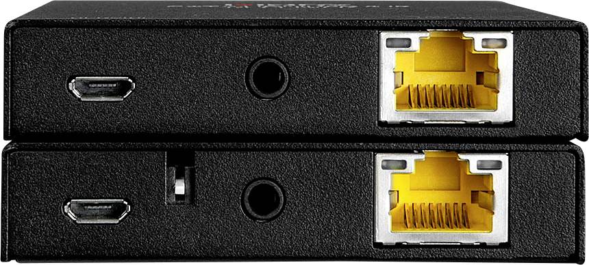 Zwei schwarze Geräte übereinander mit USB- und Ethernet-Anschlüssen. Oben: Micro-USB, Audio, Ethernet. Unten: Micro-USB, nicht identifizierbare Mitte, Ethernet.