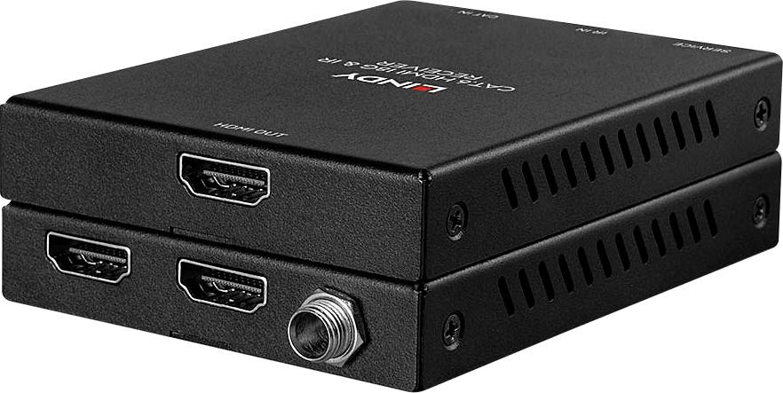 Ein schwarzer digitaler HDMI-Extender stapelt zwei rechteckige Geräte mit mehreren HDMI-Anschlüssen und einem SMA-Stecker.
