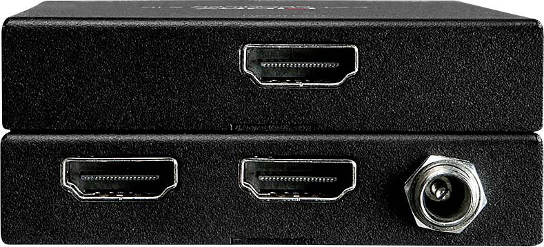 Ein schwarzer HDMI-Splitter mit drei HDMI-Anschlüssen und einem Koaxialanschluss, verwendet zur Verteilung von Audio- und Videosignalen.