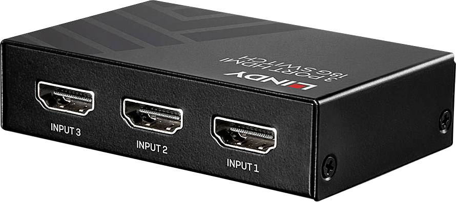 Schwarzer HDMI-Switch mit drei Eingängen, beschriftet als 'Input 1', 'Input 2' und 'Input 3', von der Marke Lindy.