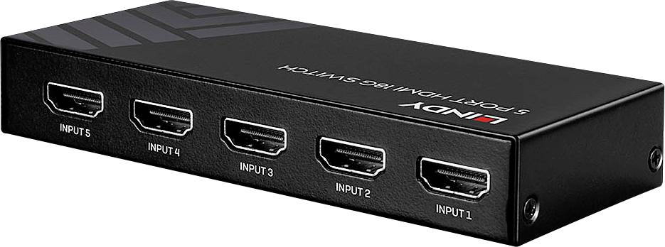 'HDMI-Switch mit fünf Eingängen' auf schwarzem Gehäuse. Verbindet mehrere HDMI-Geräte mit einem Bildschirm.