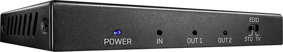 Das Bild zeigt eine schwarze elektronische Box mit Anschlüssen und einer blauen Power-LED. Aufschrift 'POWER', 'IN', 'OUT1', 'OUT2', 'EDID', 'STD/TV'.