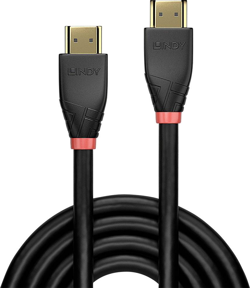 Zwei schwarze HDMI-Kabel mit roten Ringen, Marke 'LINDY'.