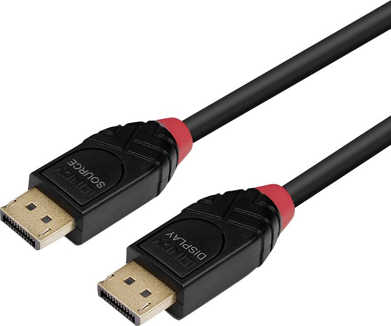 Ein schwarzes DisplayPort-Kabel mit zwei Anschlüssen, markiert mit 'Source' und 'Display'.