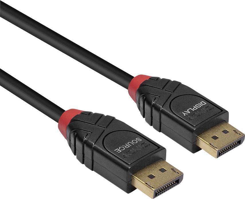 Zwei schwarze DisplayPort-Kabel mit goldenen Steckern und rotem Einsatz zur Markierung; für Videoverbindungen genutzt.