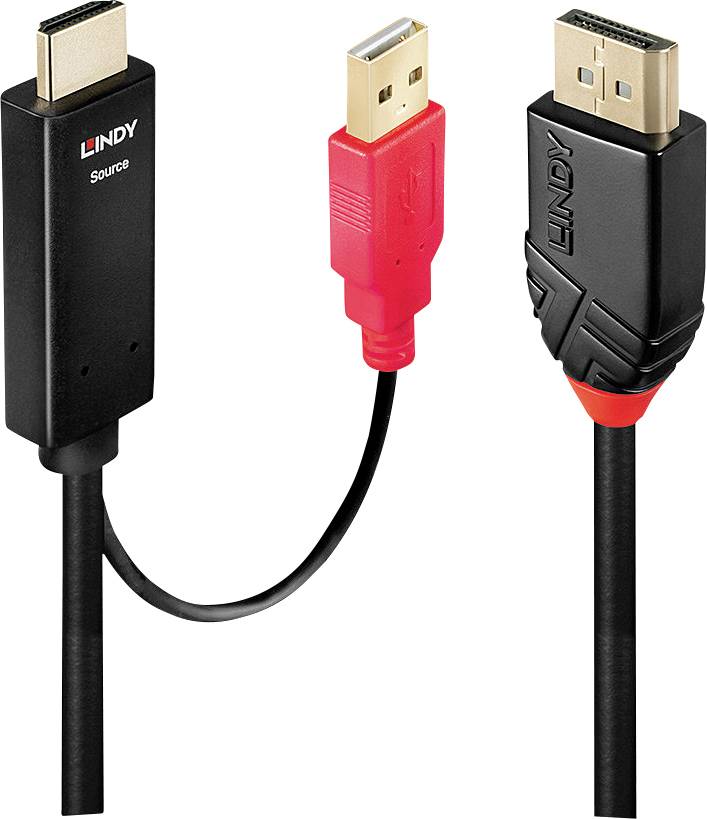 LINDY HDMI / DisplayPort Adapterkabel HDMI-A Stecker, USB-A Stecker, DisplayPort Stecker 2.00 m Schwarz/Rot 41426 vergoldete Steckkontakte