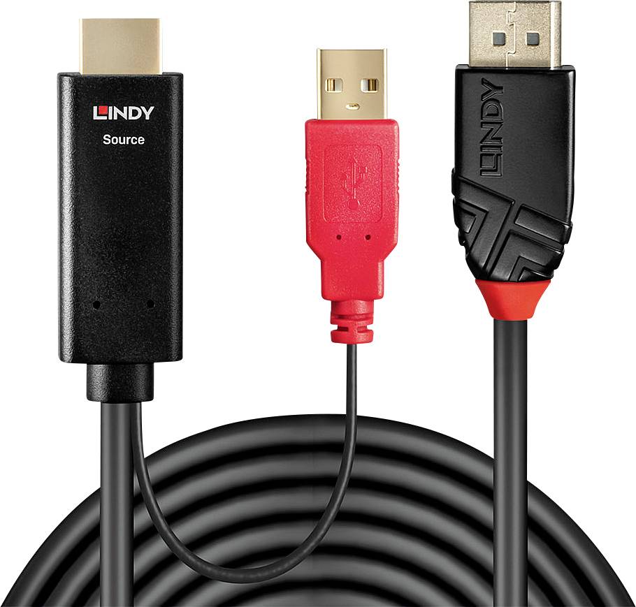 LINDY HDMI / DisplayPort Adapterkabel HDMI-A Stecker, USB-A Stecker, DisplayPort Stecker 2.00 m Schwarz/Rot 41426 vergoldete Steckkontakte
