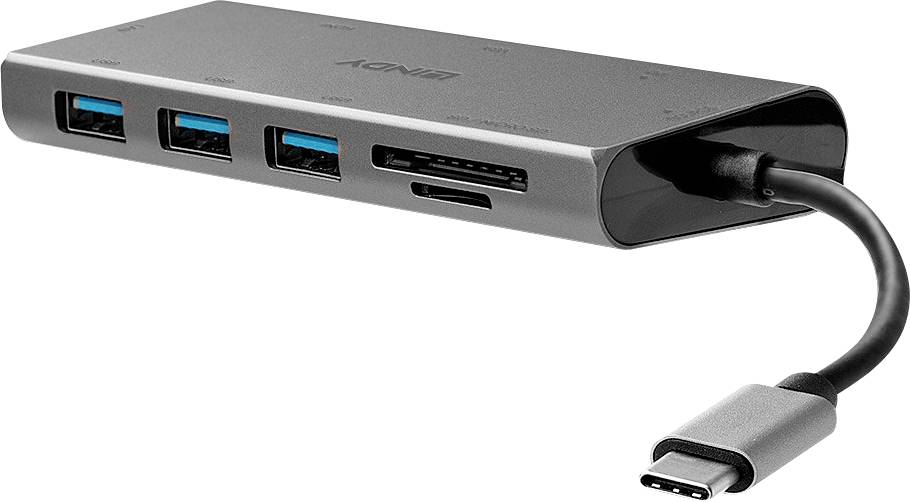 LINDY 43278 USB-C® Konverter [1x USB-C® Stecker - 3x USB 3.2 Gen 1 Buchse A (USB 3.0), VGA-Buchse, HDMI-Buchse, RJ45-Buchse, USB-C® Buchse, SD-Kart