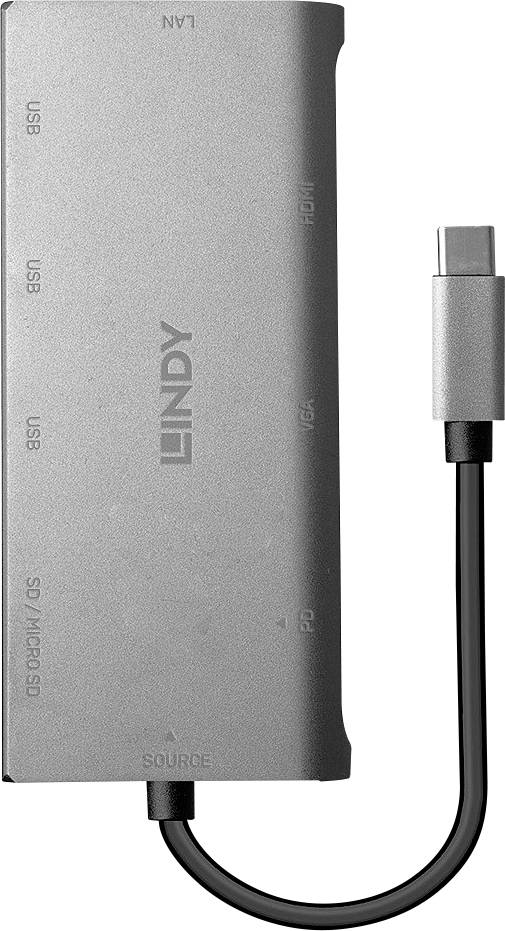 LINDY 43278 USB-C® Konverter [1x USB-C® Stecker - 3x USB 3.2 Gen 1 Buchse A (USB 3.0), VGA-Buchse, HDMI-Buchse, RJ45-Buchse, USB-C® Buchse, SD-Kart
