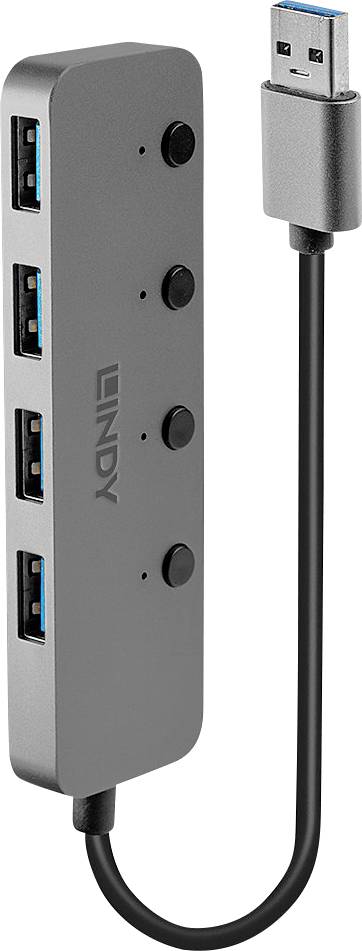 USB-Hub mit vier Anschlüssen und Schaltern, grau, mit kurzem Kabel und USB-Stecker. Ideal für die Erweiterung der Anschlussmöglichkeiten.
