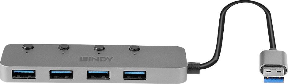 Ein grauer USB-Hub mit vier USB-Anschlüssen und vier Ein/Aus-Tasten. Der Hub ist über ein Kabel mit einem USB-Stecker verbunden.