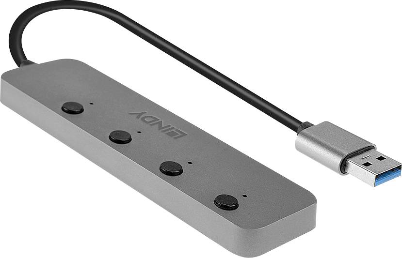 USB-Hub mit vier Anschlüssen, schwarzem Anschlusskabel und silbernem Gehäuse.
