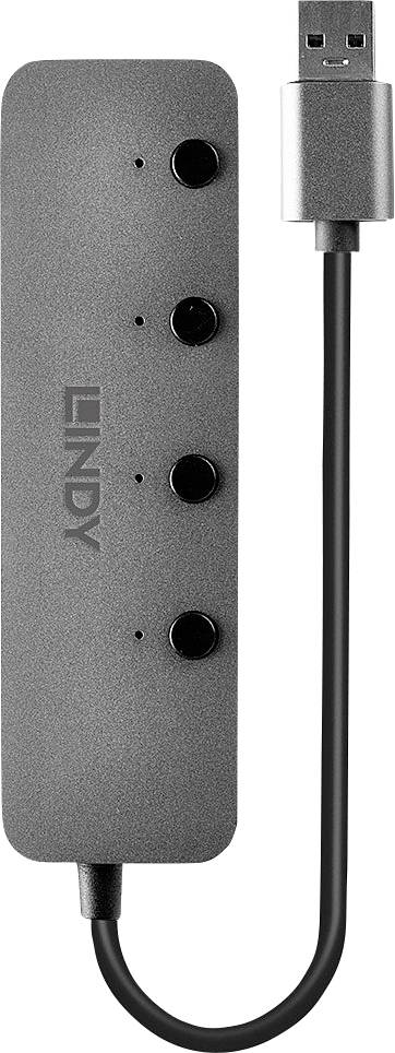 Ein USB-Hub von Lindy in Grau mit drei USB-Anschlüssen und einem kurzen Kabel.