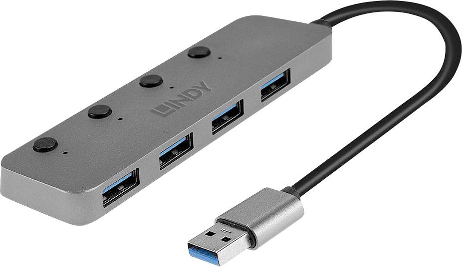 USB-Hub mit vier USB-Ports; schlankes, silbernes Gehäuse; kurzer, schwarzer Anschlusskabel. Markenname 'Lindy' aufgedruckt.