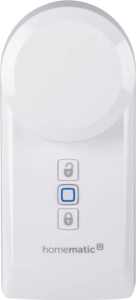 Ein weißes Gerät mit drei Tasten, dessen obere Taste ein Schloss-Symbol zeigt. Darunter steht 'homematic IP', ein Firmenname.