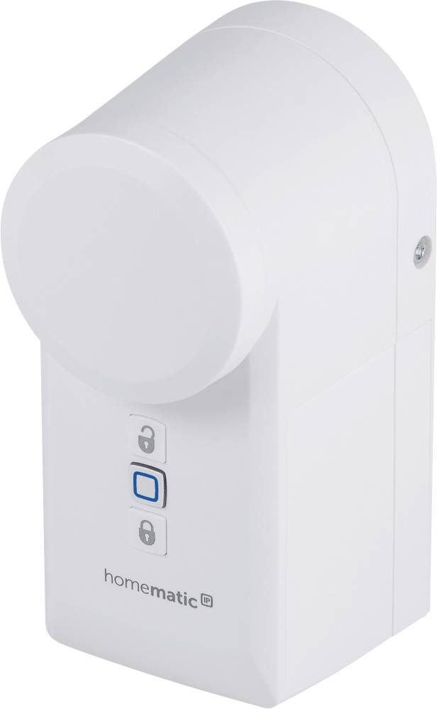 Ein weißes, zylindrisches Heizkörperthermostat von Homematic IP mit drei Tasten an der Vorderseite.