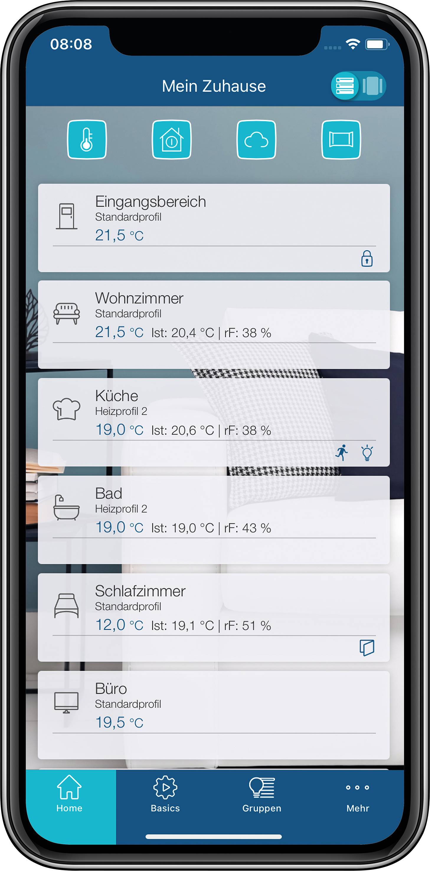 Smartphone-Anzeige einer Smart-Home-App mit Temperatur- und Feuchtigkeitseinstellungen für verschiedene Räume.