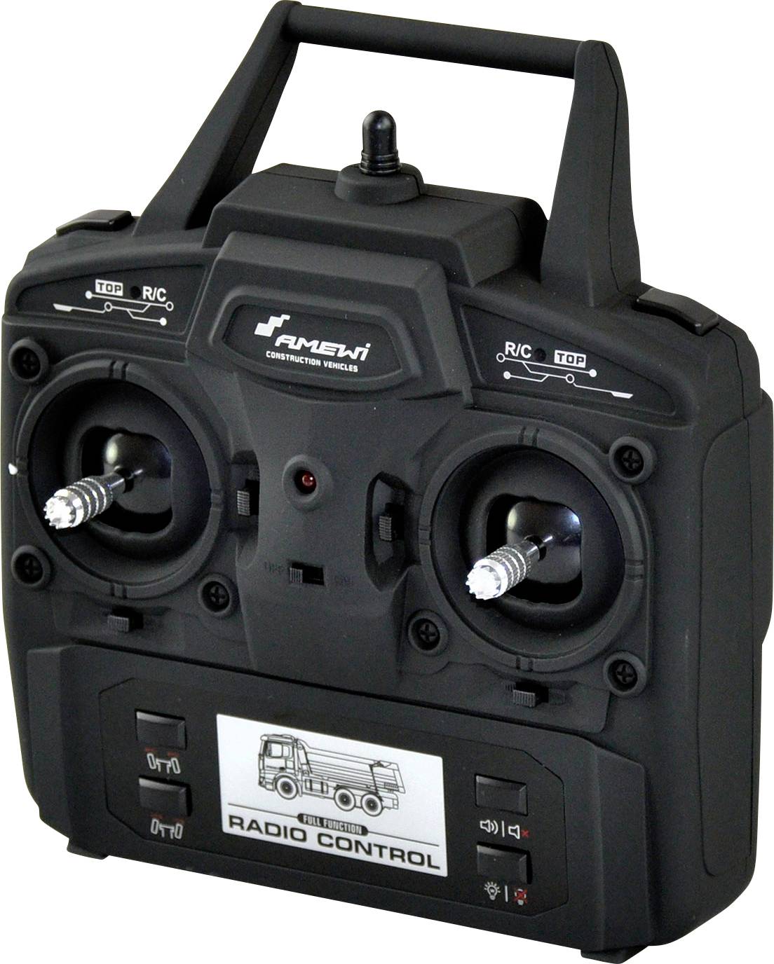 Fernsteuerung für Modellfahrzeuge mit zwei Steuerknüppeln und mehreren Schaltern, geeignet für RC-Fahrzeuge.