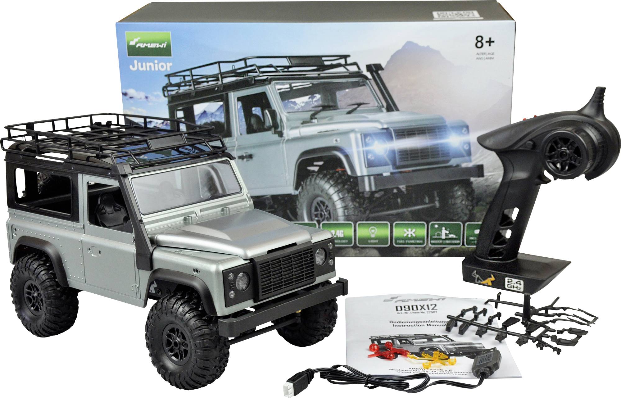 Spielzeug-Geländewagen-Set mit Fernsteuerung und Zubehör für Kinder ab 8 Jahren. Verpackung zeigt Abbildung des Wagens in der Natur.