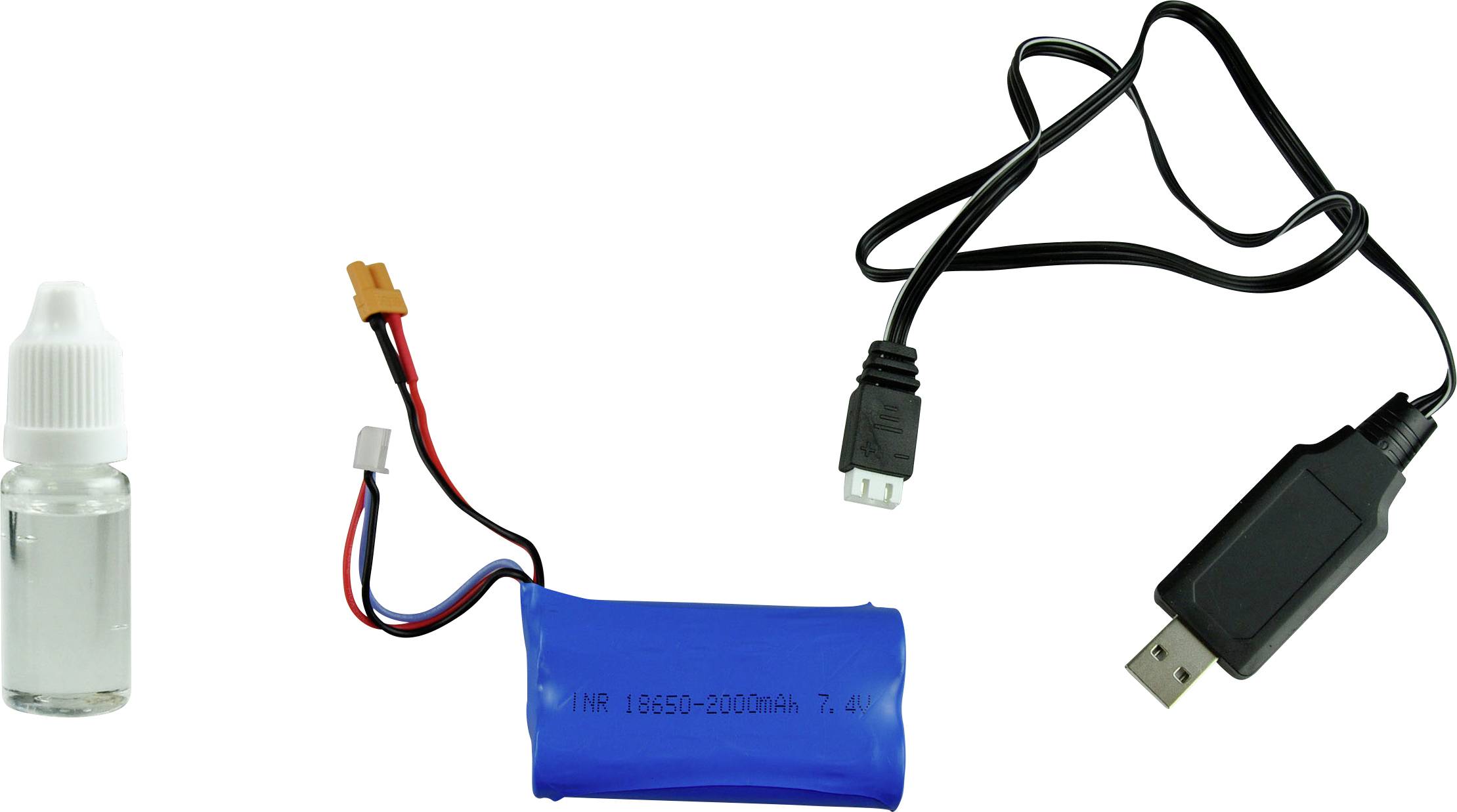 Elektronikteile: Blaues Akku-Pack mit Kabeln, USB-Ladekabel und kleine Flüssigkeitsflasche.