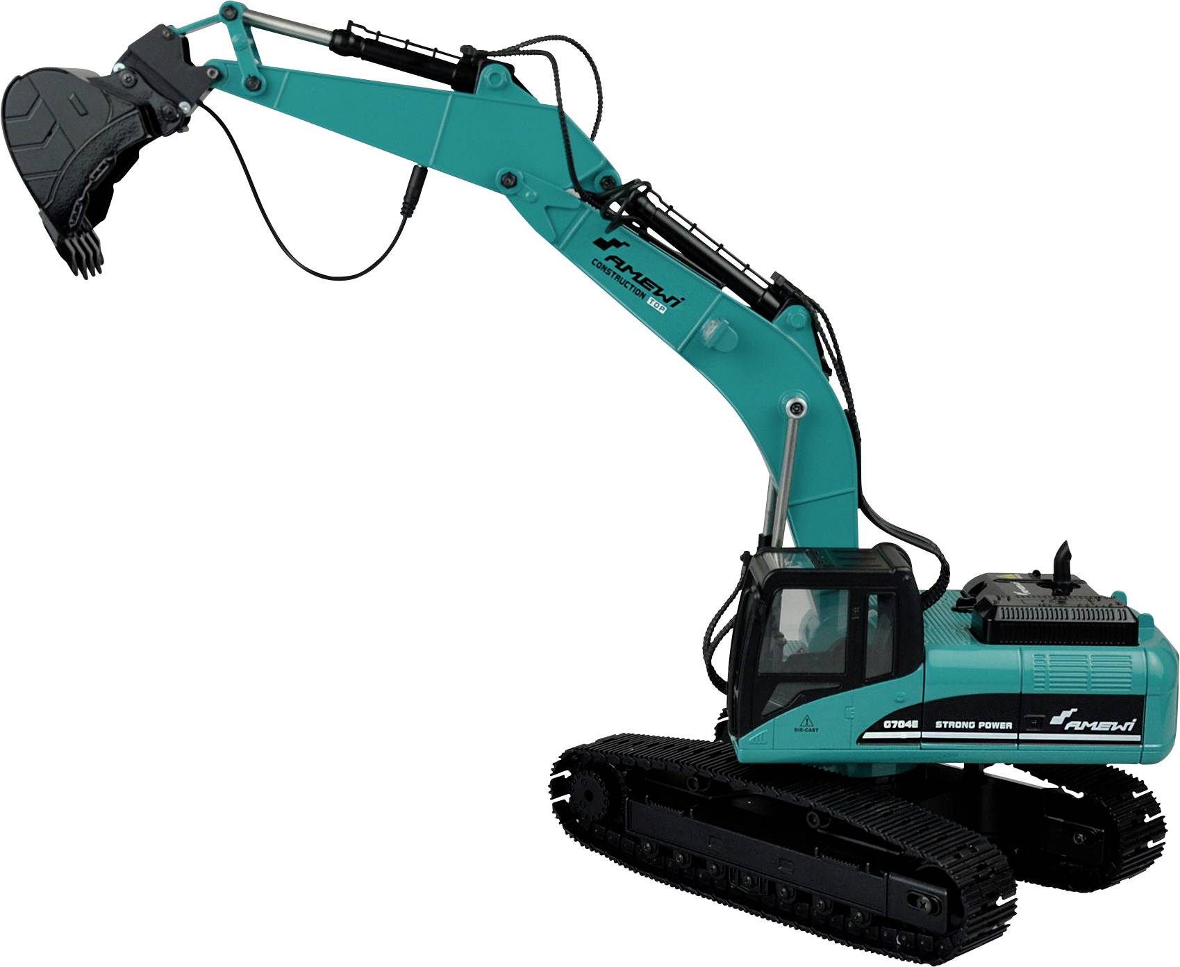 Ein türkisfarbener Bagger mit Greifschaufel auf Kettenfahrwerk, markiert mit 'STORM SERIES', wird in Seitenansicht gezeigt.