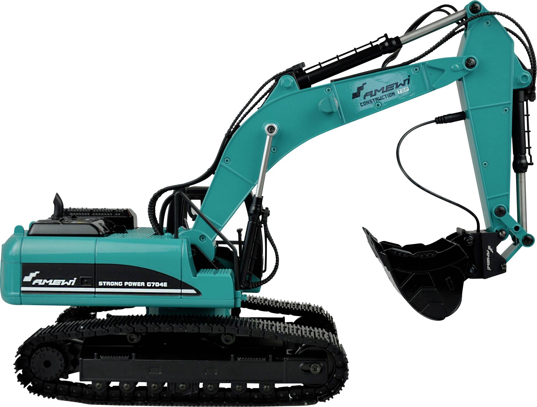 Ein türkiser Bagger mit Gummiketten und einem hydraulischen Arm in einer neutralen Umgebung, markiert mit 'Strong Power 67048'.