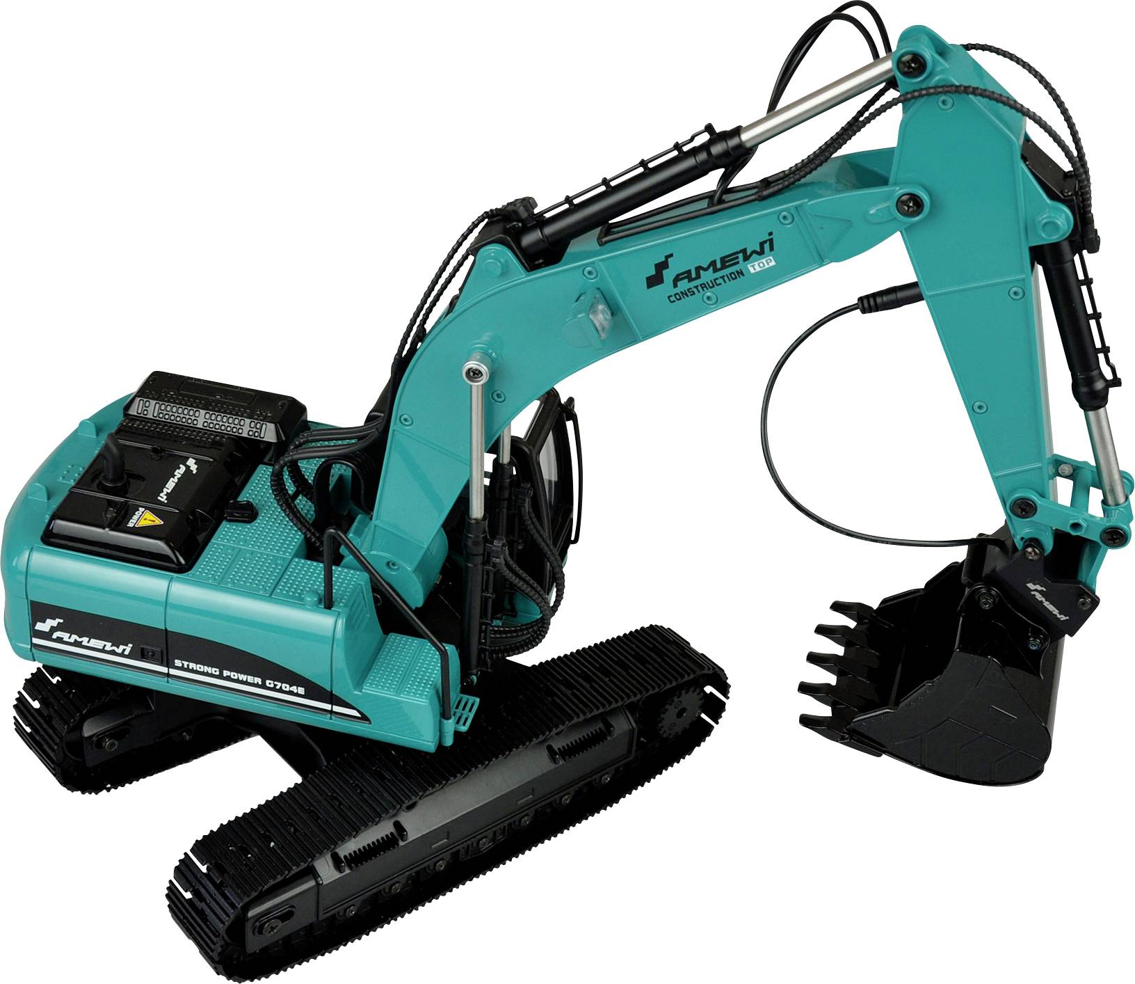 Türkiser Spielzeug-Bagger mit schwarzen Raupen, beweglichem Arm und Schaufel. Modell mit knackigen Details und realistischem Design.