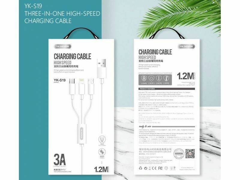 YK-Design 3A Ladekabel 3 in 1 MicroUSB/Lighting/Type-C Ladekabel