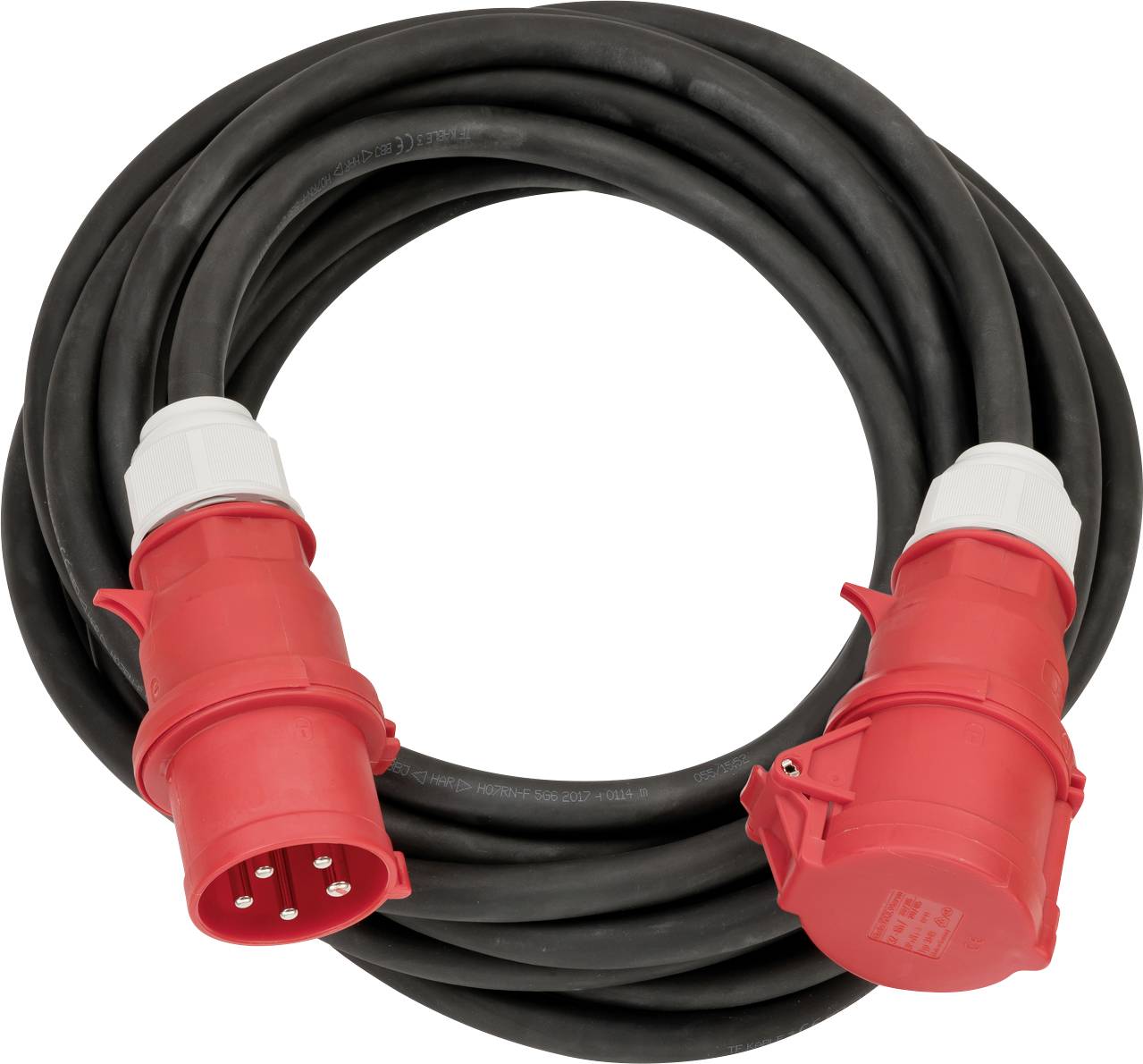 Ein langes, schwarzes Stromverlängerungskabel mit roten industriellen Steckverbindern an beiden Enden.