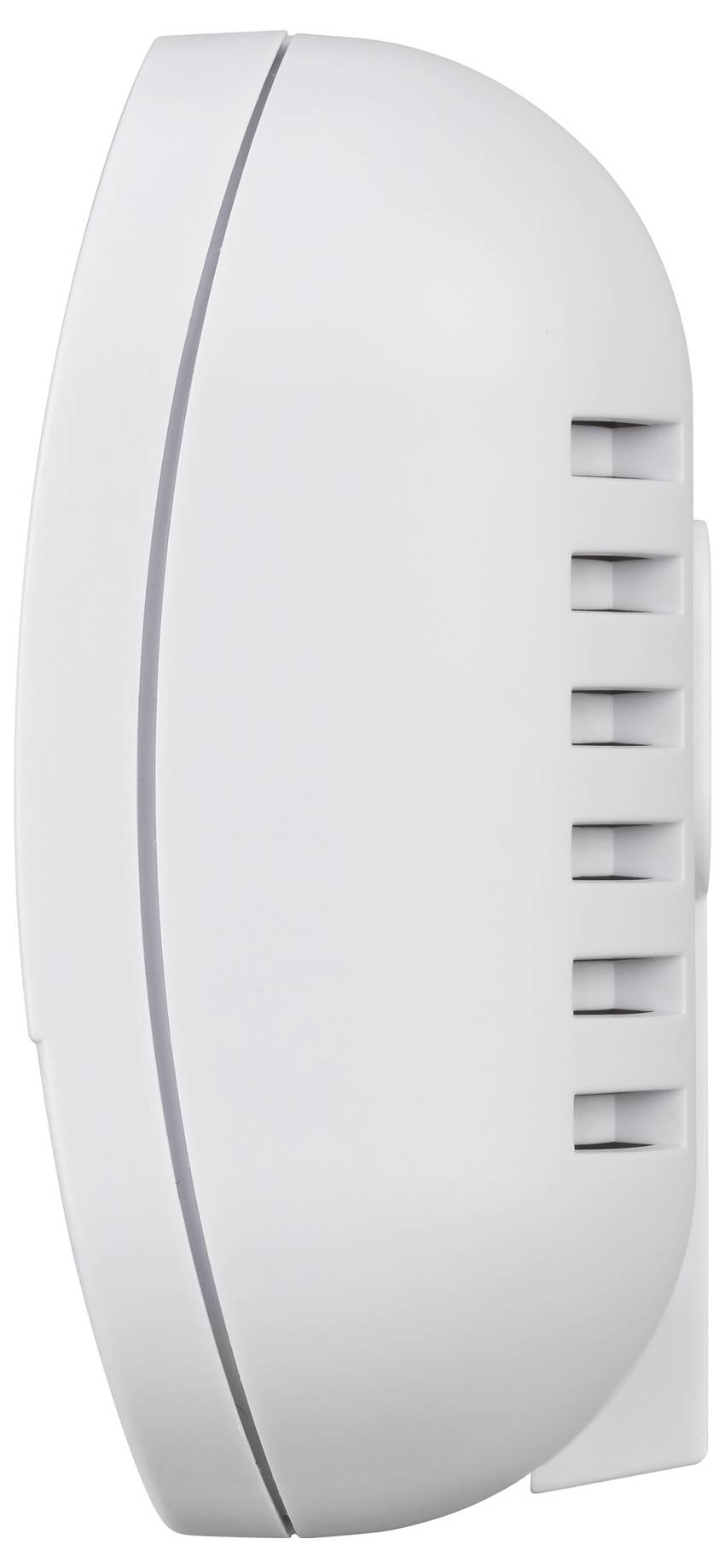 Weißes, wandmontiertes Gerät mit Lüftungsschlitzen an der Seite, wahrscheinlich ein Sensor, Alarm oder Steuergerät.