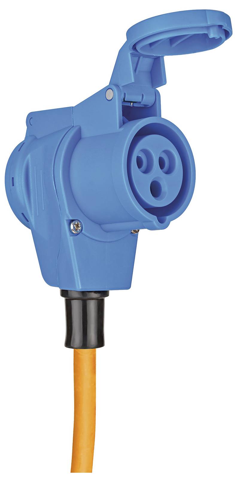 Blauer Industrie-Stromstecker an einem orangefarbenen Kabel befestigt, vor weißem Hintergrund dargestellt.