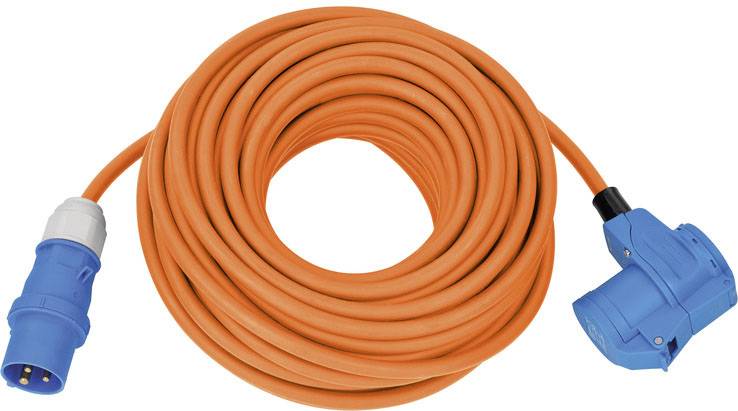 Orange Verlängerungskabel mit blauen Steckern, in einer Rolle aufgewickelt, für Stromverbindung im Freien geeignet.