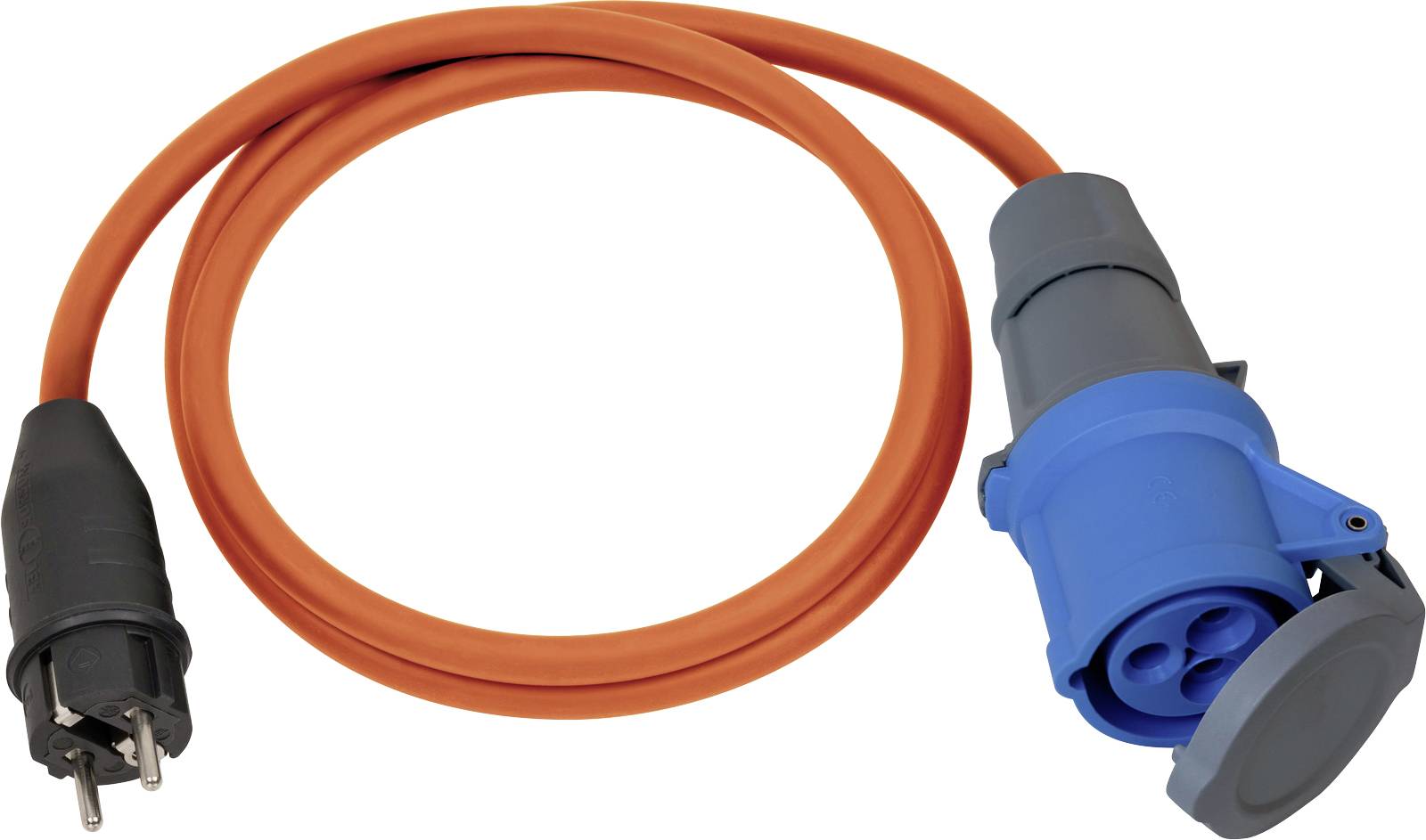 Oranges Stromkabel mit schwarzem Stecker und blauem Industrie-Steckverbinder an einem Ende angebracht