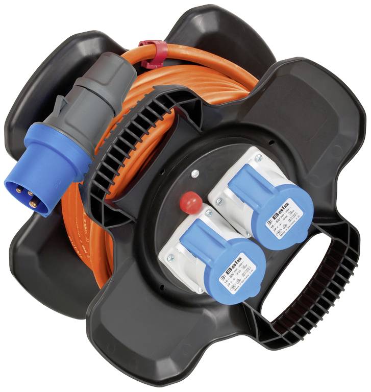 Eine Kabeltrommel mit orangenem Kabel und drei blauen Steckdosen. Ideal für den Einsatz auf Baustellen oder im Freien.