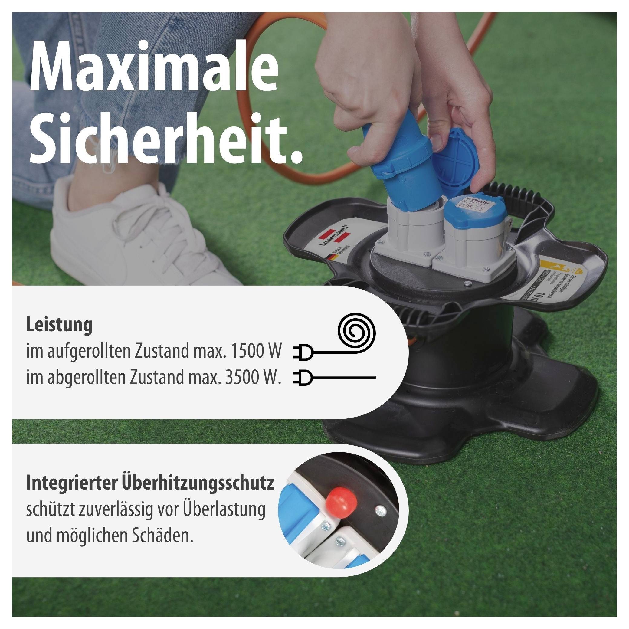 Werbehinweis zur elektrischen Sicherheit: Steckverbindung an einem Gerät; Text nennt 'Maximale Sicherheit', Leistung 1500 W aufgerollt und 3500 W abgerollt sowie Überhitzungsschutz.
