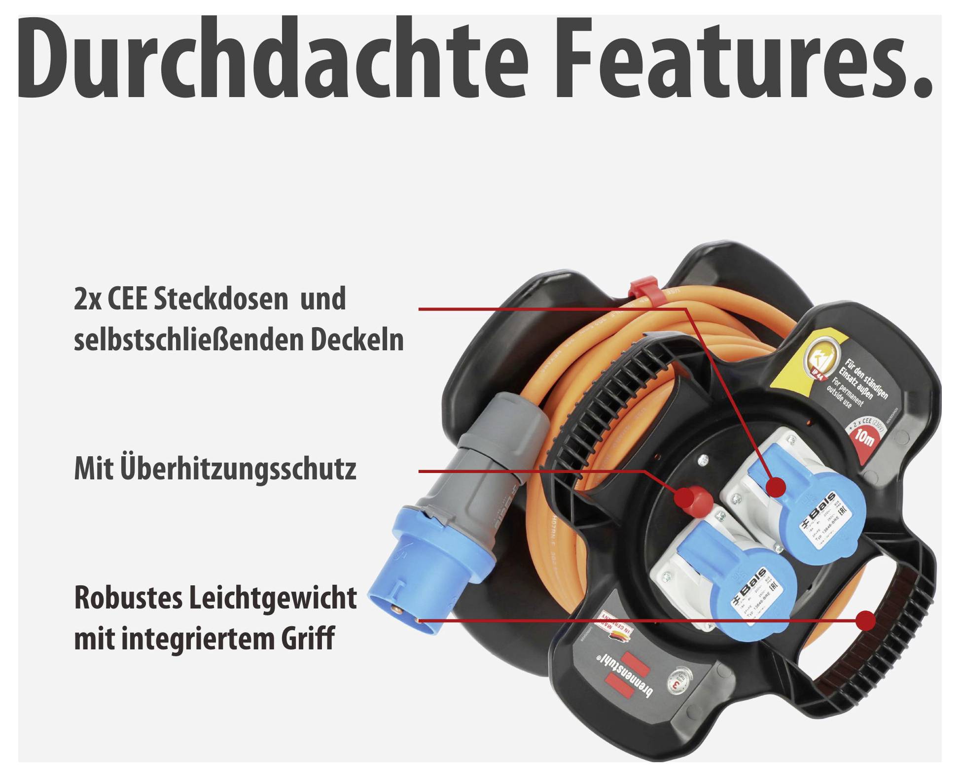 Kabeltrommel mit 'Durchdachte Features': 2x CEE-Steckdosen mit selbstschließenden Deckeln, Überhitzungsschutz und integriertem Griff.
