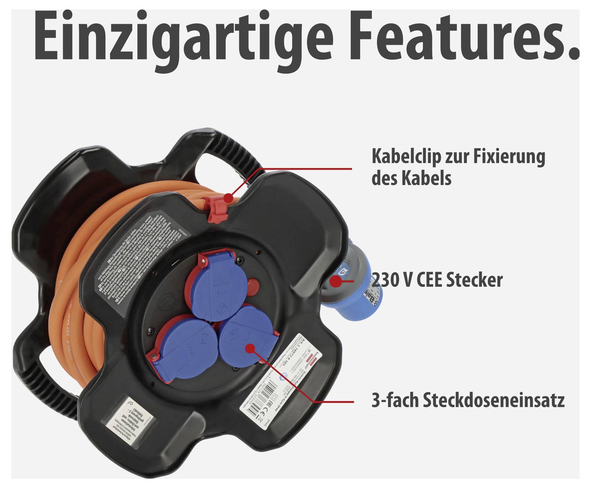 Kabeltrommel mit 230-V-CEE-Stecker, 3-fach Steckdoseneinsatz und Kabelclip; beschriftete Grafik mit Titel 'Einzigartige Features.'