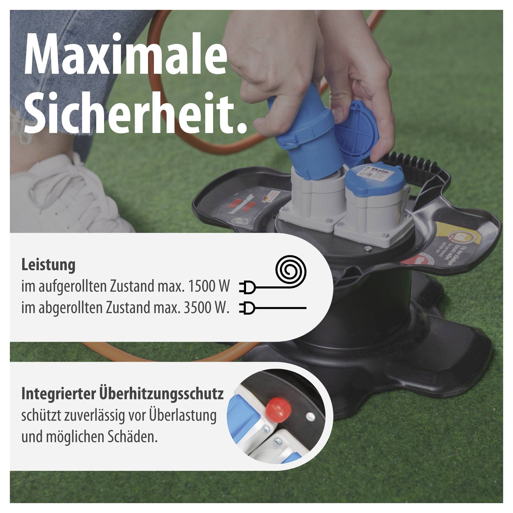 Werbung für ein Stromkabel mit Steckdose: 'Maximale Sicherheit.'; Leistung 1500 W aufgewickelt, 3500 W abgerollt; integrierter Überhitzungsschutz.