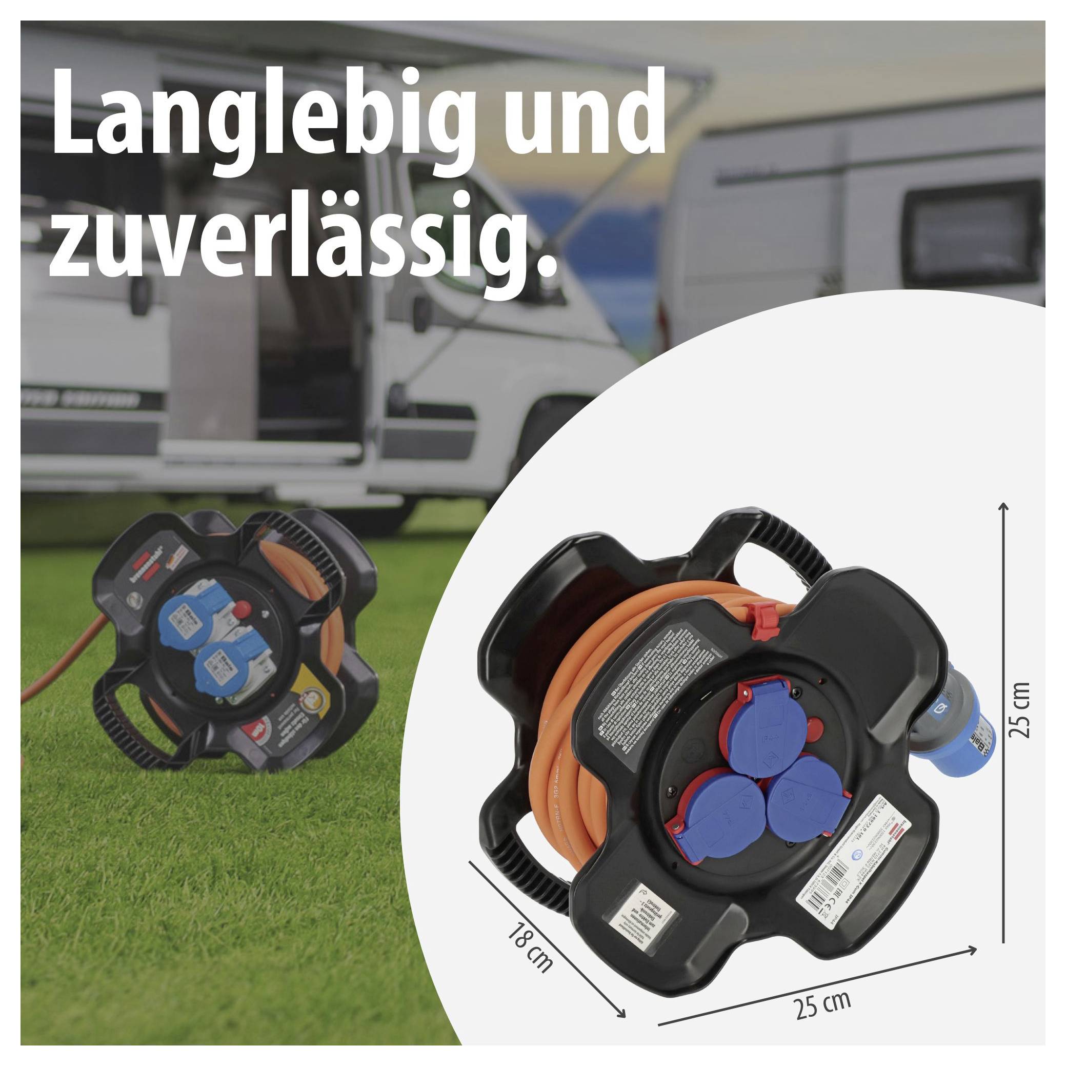Produktwerbung für eine Kabeltrommel mit dem Text 'Langlebig und zuverlässig.'; zeigt zwei Ansichten des Produkts und die Maße 18 cm × 25 cm × 25 cm.