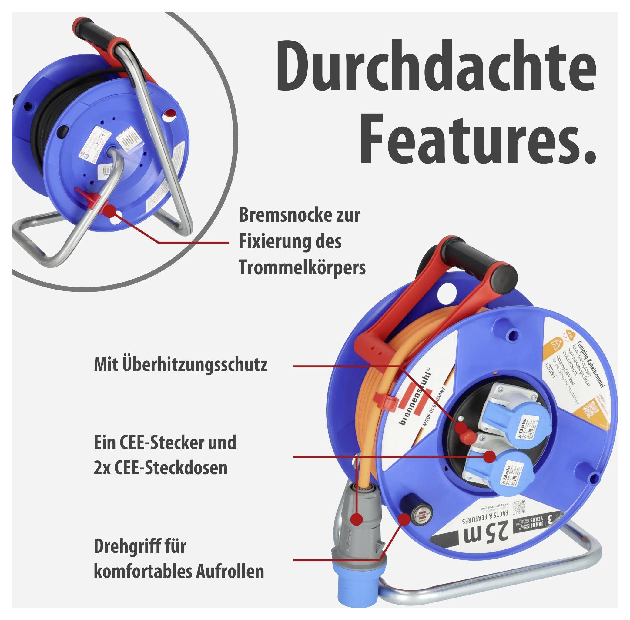 Produktabbildung einer blauen Kabeltrommel mit der Überschrift 'Duchdachte Features.'; markiert sind Bremssnocke, Überhitzungsschutz, CEE-Stecker/2x CEE-Steckdosen und Drehgriff zum Aufrollen.